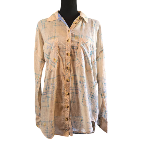 Free People Shore Vibes Plaid Long Sleeve Shirt Size Medium - Picture 3 of 6